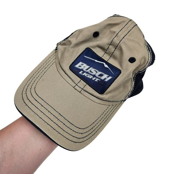 Busch Light Trucker Hat Adjustable Fit‎ Tan & Navy 713 Headwear Hook Loop strap - Picture 1 of 8